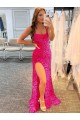 Outlet Sleeveless Velvet Sequin Sheath Fuchsia Spaghetti Straps Evening Dress Canada