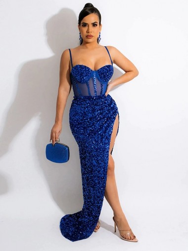 Outlet Sleeveless Velvet Sequin Sheath Royal Blue Spaghetti Straps Evening Dress Canada
