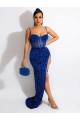Outlet Sleeveless Velvet Sequin Sheath Royal Blue Spaghetti Straps Evening Dress Canada