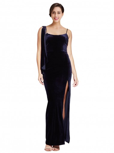Outlet Sleeveless Stretch Velvet Low Back Sheath Dark Navy Evening Dress Canada