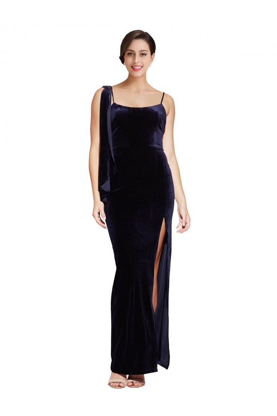 Outlet Sleeveless Stretch Velvet Low Back Sheath Dark Navy Evening Dress Canada