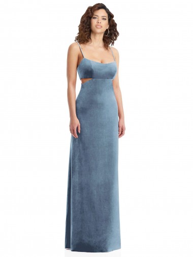 Outlet Sleeveless Stretch Velvet Low Back Sheath Dusty Blue Maxi Evening Dress Canada
