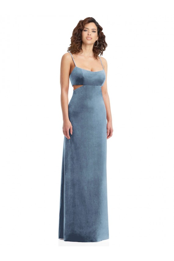 Outlet Sleeveless Stretch Velvet Low Back Sheath Dusty Blue Maxi Evening Dress Canada