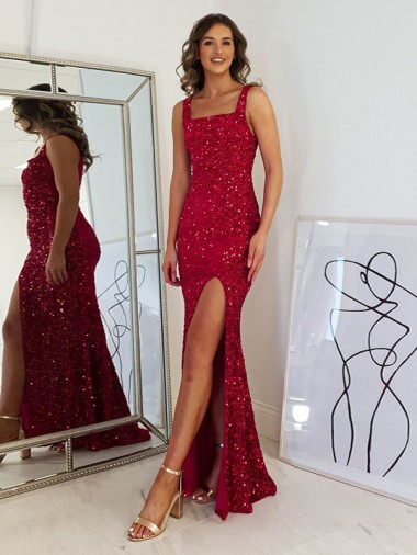 Outlet Sleeveless Velvet Sequin Sheath Burgundy Square Neck Evening Dress Canada