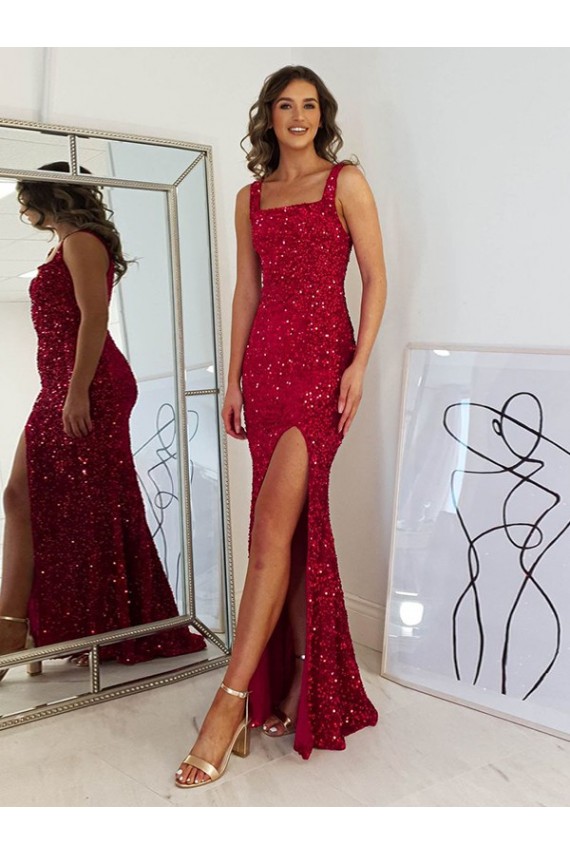 Outlet Sleeveless Velvet Sequin Sheath Burgundy Square Neck Evening Dress Canada
