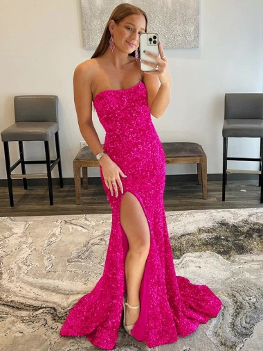 Outlet Sleeveless Velvet Sequin Sheath Fuchsia High Slit Evening Dress Canada