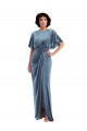 Outlet Flutter Sleeves Stretch Velvet Open Back Sheath Dusty Blue Maxi Evening Dress Canada