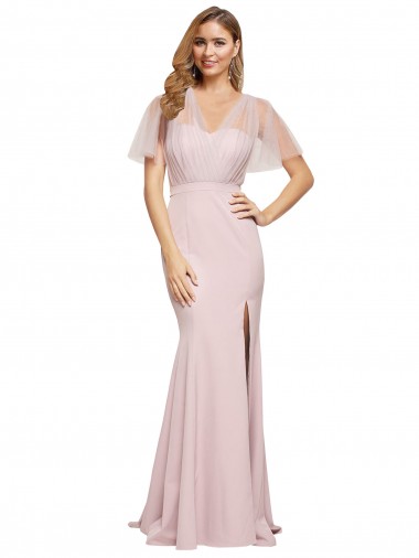 Outlet Short Sleeves Stretch Crepe & Tulle Low Back Sheath Mauve Evening Dress Canada