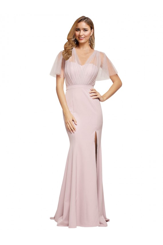 Outlet Short Sleeves Stretch Crepe & Tulle Low Back Sheath Mauve Evening Dress Canada