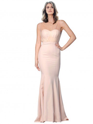 Outlet Sleeveless Stretch Crepe & Tulle Low Back Sheath Nude Evening Dress Canada