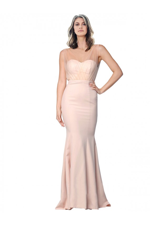 Outlet Sleeveless Stretch Crepe & Tulle Low Back Sheath Nude Evening Dress Canada