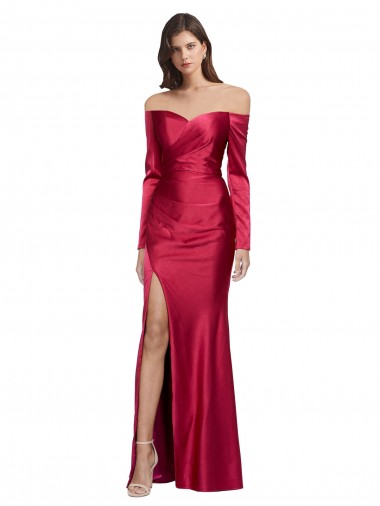 Outlet Long Sleeves Stretch Satin Sheath Dark Red Evening Dress Canada
