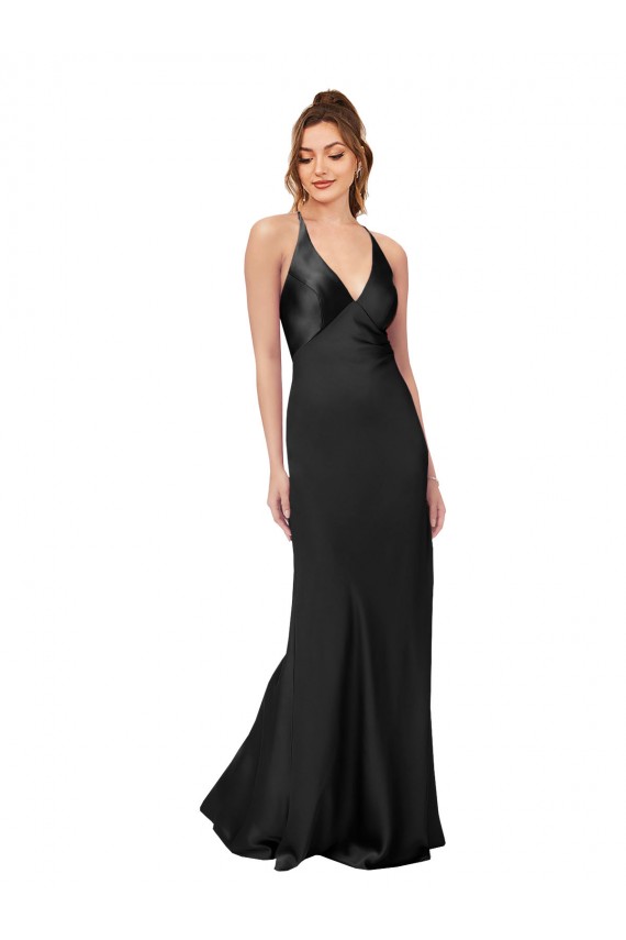 Outlet Sleeveless Silky Satin Criss Cross Back Sheath Black Evening Dress Canada