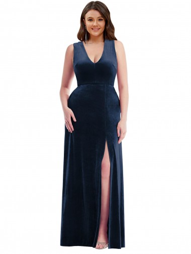 Outlet Sleeveless Stretch Velvet Sheath Dark Navy Maxi Evening Dress Canada