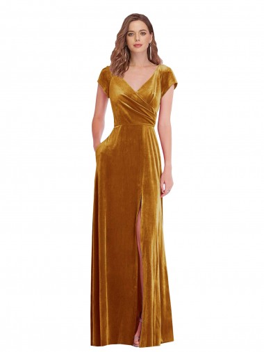 Outlet Cap Sleeves Stretch Velvet Sheath Gold Maxi Evening Dress Canada