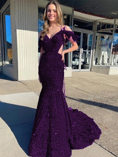 Outlet Sleeveless Velvet Sequin Sheath Plum Purple Evening Dress Canada