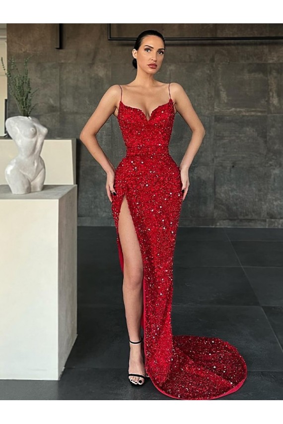 Outlet Sleeveless Velvet Sequin Sheath Red Evening Dress Canada