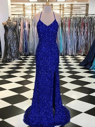 Outlet Sleeveless Velvet Sequin Sheath Royal Blue Evening Dress Canada