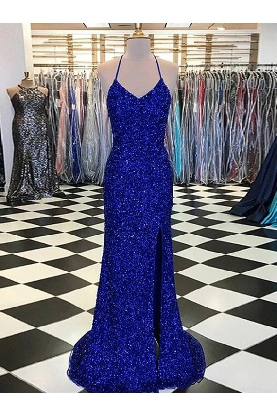 Outlet Sleeveless Velvet Sequin Sheath Royal Blue Evening Dress Canada