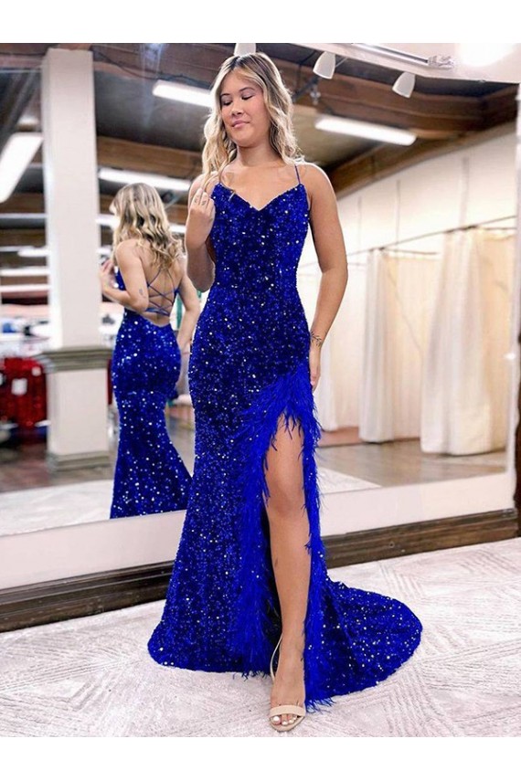 Outlet Sleeveless Velvet Sequin Sheath Royal Blue Sexy Evening Dress Canada