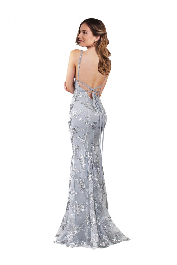 Outlet Sleeveless Stretch Crepe & Sequin Tulle Backless Mermaid Silver Evening Dress Canada