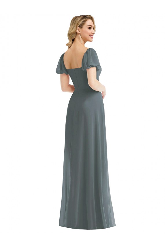 Outlet Puff Sleeves Soft Chiffon A-Line Slate Grey Maxi Evening Dress Canada