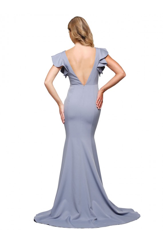 Outlet Sleeveless Stretch Crepe V-Back Mermaid Smoke Blue Evening Dress Canada
