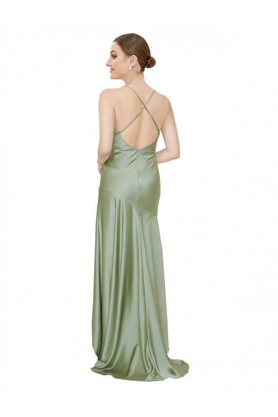 Outlet Sleeveless Silky Satin Criss Cross Open Back A-Line Smoke Green Evening Dress Canada