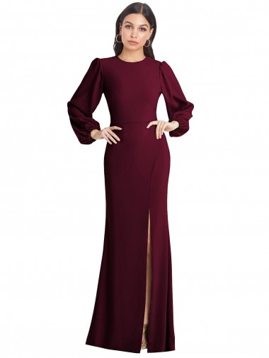 Outlet Puff Sleeve Stretch Crepe Open Back Trumpet Burgundy Gold Evening Dress Canada