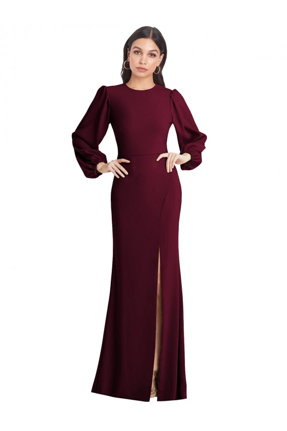 Outlet Puff Sleeve Stretch Crepe Open Back Trumpet Burgundy Gold Evening Dress Canada