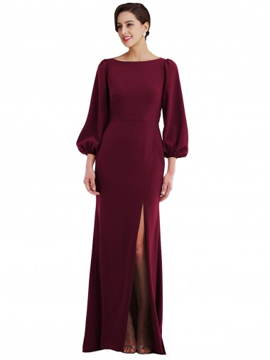 Outlet Long Sleeves Crepe Open Back Trumpet Burgundy Gold Evening Dress Canada