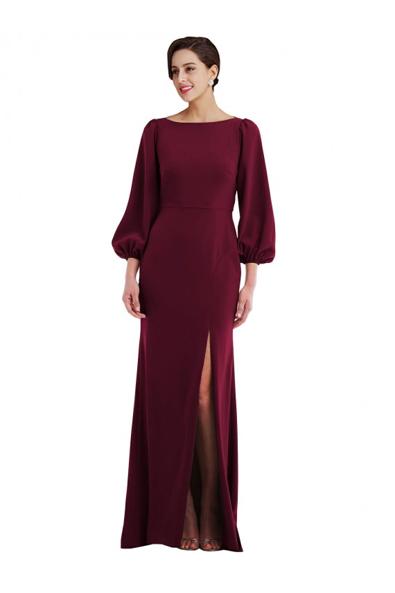 Outlet Long Sleeves Crepe Open Back Trumpet Burgundy Gold Evening Dress Canada
