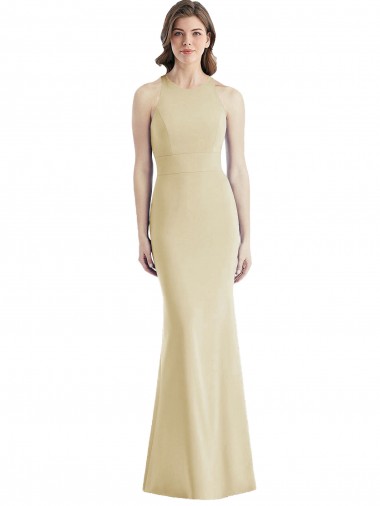 Outlet Sleeveless Stretch Crepe Criss Cross Open Back Trumpet Champagne Semi Formal Evening Dress Canada