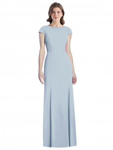 Outlet Cap Sleeves Stretch Crepe Open Back Trumpet Light Sky Blue Semi Formal Evening Dress Canada
