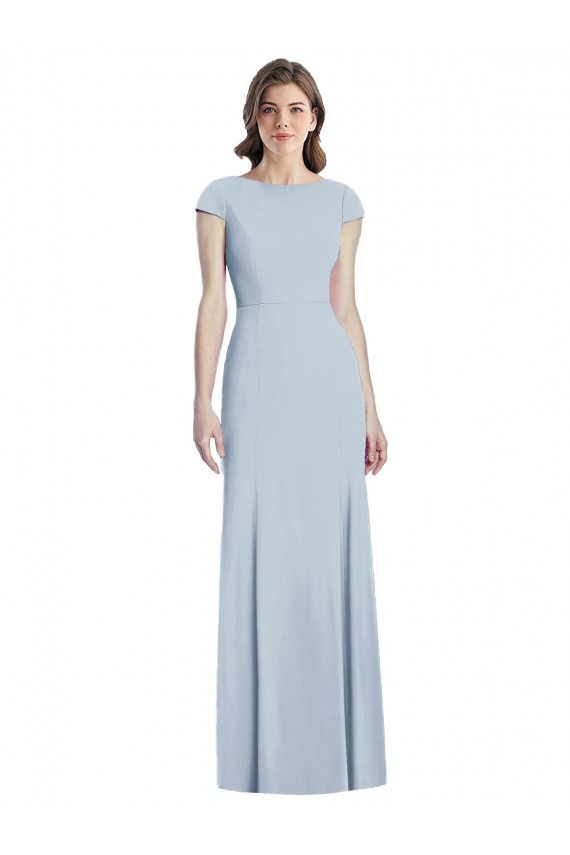 Outlet Cap Sleeves Stretch Crepe Open Back Trumpet Light Sky Blue Semi Formal Evening Dress Canada