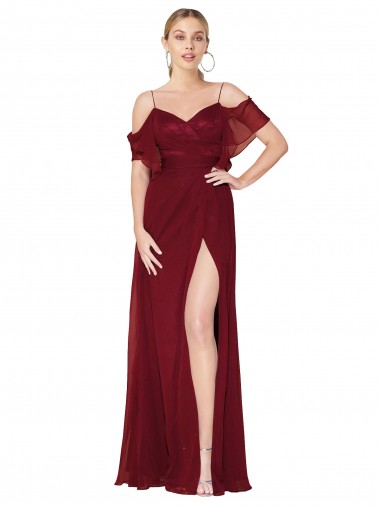 Outlet Cold Shoulder Soft Chiffon V-Back Trumpet Burgundy Evening Dress Canada
