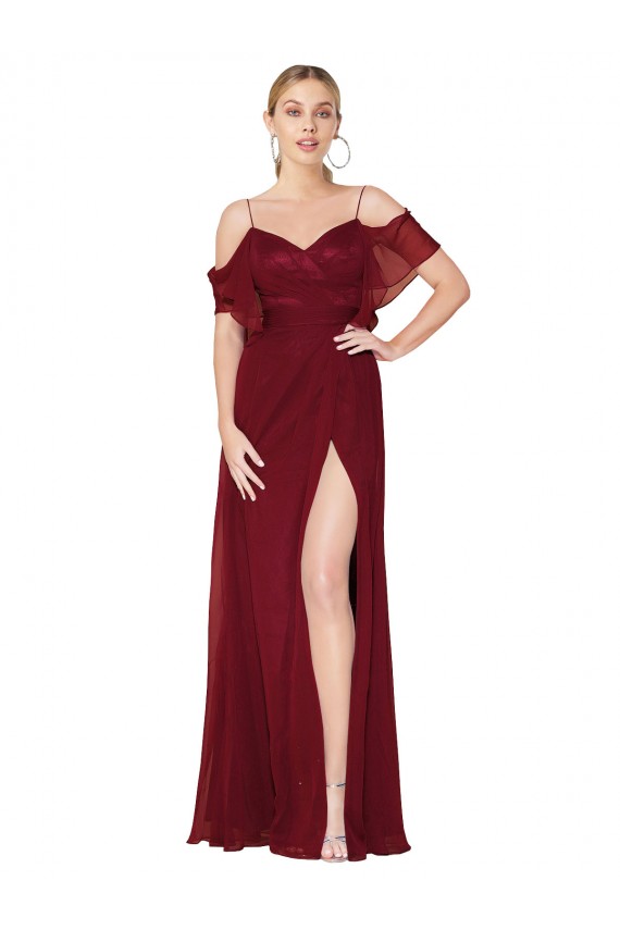 Outlet Cold Shoulder Soft Chiffon V-Back Trumpet Burgundy Evening Dress Canada