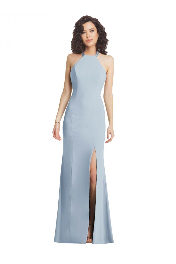 Outlet Sleeveless Stretch Crepe Criss Cross Back Trumpet Light Sky Blue Maxi Evening Dress Canada