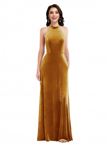 Outlet Sleeveless Stretch Velvet Keyhole Back Trumpet Gold Maxi Evening Dress Canada