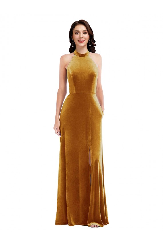 Outlet Sleeveless Stretch Velvet Keyhole Back Trumpet Gold Maxi Evening Dress Canada
