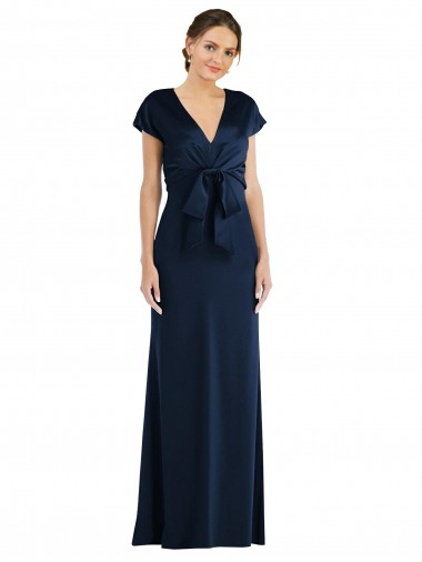 Outlet Cap Sleeves Stretch Crepe Keyhole Back Trumpet Dark Navy Evening Dress Canada