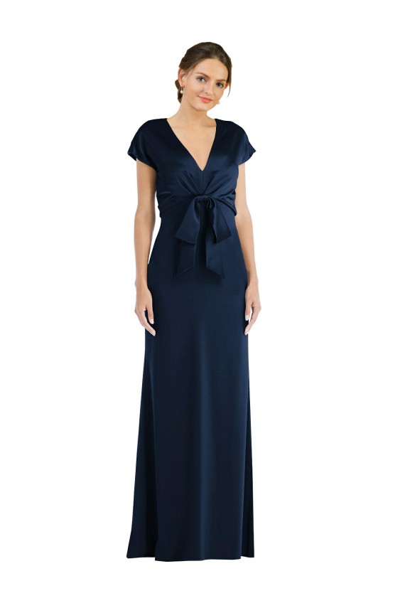 Outlet Cap Sleeves Stretch Crepe Keyhole Back Trumpet Dark Navy Evening Dress Canada
