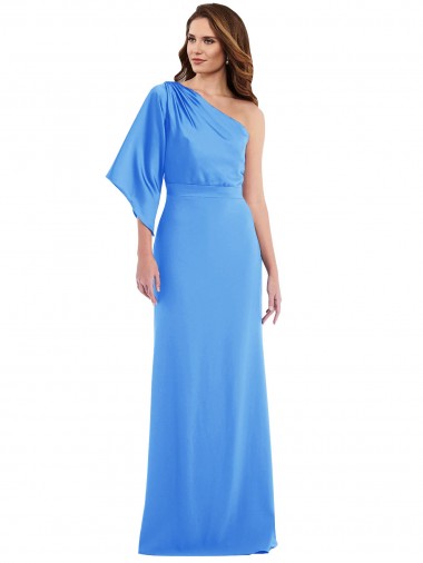 Outlet Bell Sleeves Stretch Crepe Trumpet Peacock Blue Semi Formal Evening Dress Canada