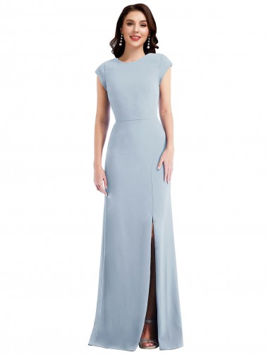 Outlet Cap Sleeves Stretch Crepe Open Back Trumpet Light Sky Blue Maxi Evening Dress Canada