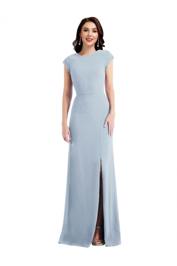 Outlet Cap Sleeves Stretch Crepe Open Back Trumpet Light Sky Blue Maxi Evening Dress Canada