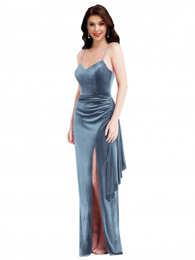 Outlet Sleeveless Stretch Velvet Low Back Trumpet Dusty Blue Evening Maxi Dress Canada