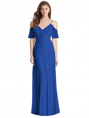 Outlet Cold Shoulder Soft Chiffon V-Back Trumpet Royal Blue Maxi Evening Dress Canada
