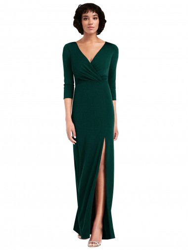 Outlet Long Sleeves Spandex V-Back Trumpet Dark Green Maxi Evening Dress Canada