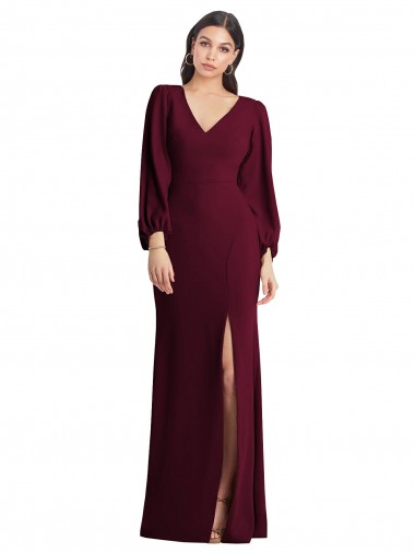 Outlet Puff Sleeves Stretch Crepe Trumpet Burgundy Gold Semi Formal Evening Dress Canada