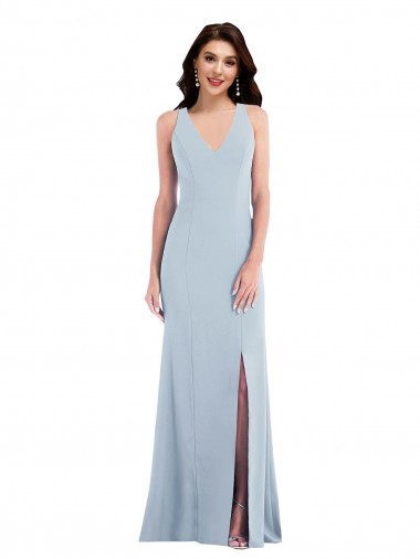 Outlet Sleeveless Stretch Crepe Criss Cross Back Trumpet Light Sky Blue Maxi Evening Gown Canada